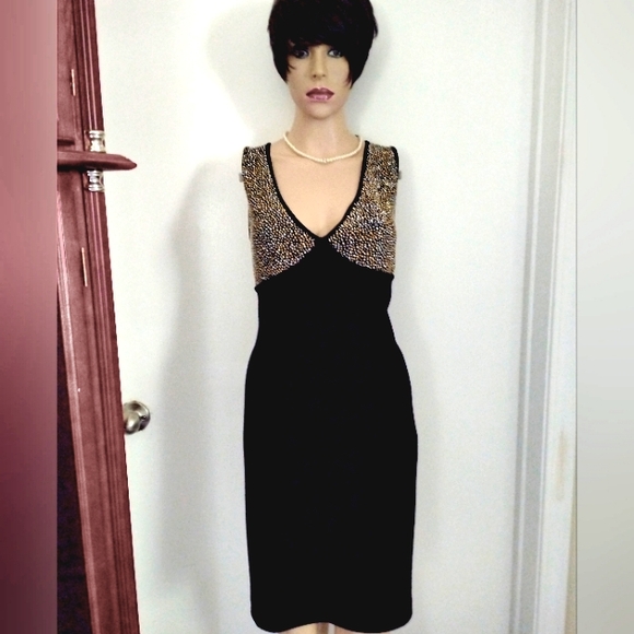 SALE! ST JOHN EVENING 10 HUNDREDS SILVER & GOLD CRYSTAL BLACK SANTANA KNIT DRESS - Picture 2 of 5